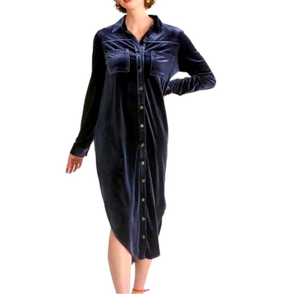 UMGEE Navy Blue Velvet Shirt Dress Duster Large - Picture 2 of 13